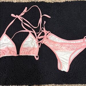 Pink and White Lace Trim Bikini Set